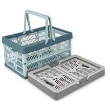 2 PCS Foldable Storage Baskets Collapsible PP Crates Handles 20L Grey Blue