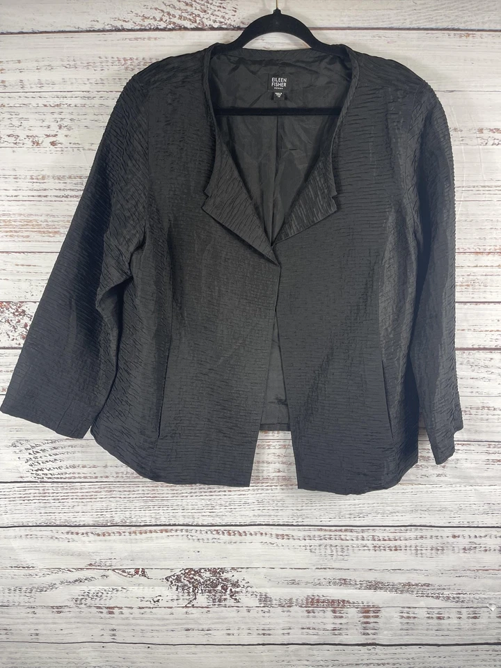 Chaqueta Eileen Fisher Mujer 1X Blazer Negro Seda Arrugado Frente Abierto Texturizado Foto 2 de 4
