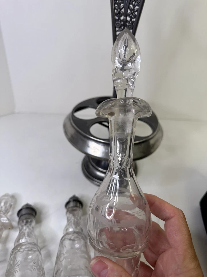 Antique Art Nouveau Silver Plate Condiment Carousel Caddy Crystal Bottles LOVELY - image 4 of 4