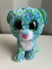 Ty Beanie Boos Leona The Leopard Cat Blue 6" Plush Green Glitter Eyes Pink nose 