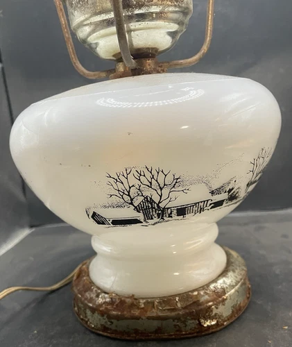Vintage Currier And Ives Milk Glass Lamp Base Only-  Farm Horses Barn House