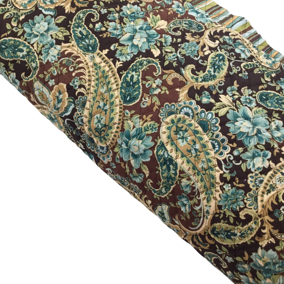 BTY Pre-quilted Dbl Sided Fabric Paisley Stripe Turquoise Brown Floral Metallic - Image 3 of 4