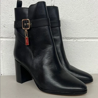 Coach Olivia Bootie En Cuir Noir Taille 6 Talon Haut Fermeture Latérale - Photo 1/4