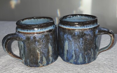 Hand Thrown Espresso Mug Blue Drip Glaze Studio Art Pottery Signed Set Of 2