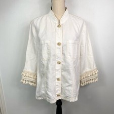 Chico's 3/4 Sleeve Linen Blend Blazer Jacket Alabaster Boho Sz 3 Or XL