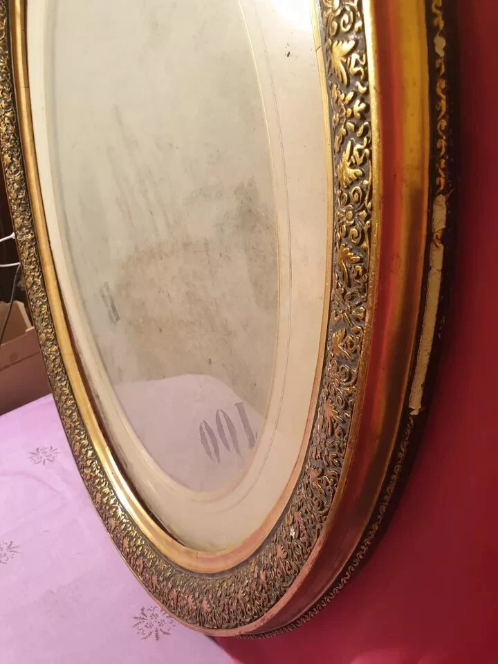 RARE Très grand cadre ancien ovale bois et stuc vitré sorti de grenier - Photo 4/4