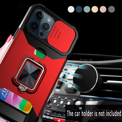 For iPhone 13 12 11 Pro XS Max XR 7 8+ Slide Camera Lens Ring Stand Card Case 