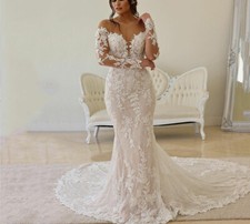 Lace Wedding Dress Mermaid Illusion Long Sleeve Sheer Neck Appliques Bridal Gown
