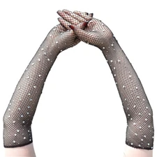 Women's Stretchy Rhinestone Fishnet Arm Warmers Gloves for Party Prom Cosplay