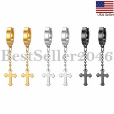 2-6pcs Jesus Cross Dangle Hoop Huggie Men Women Stainless Steel Hinged Earrings