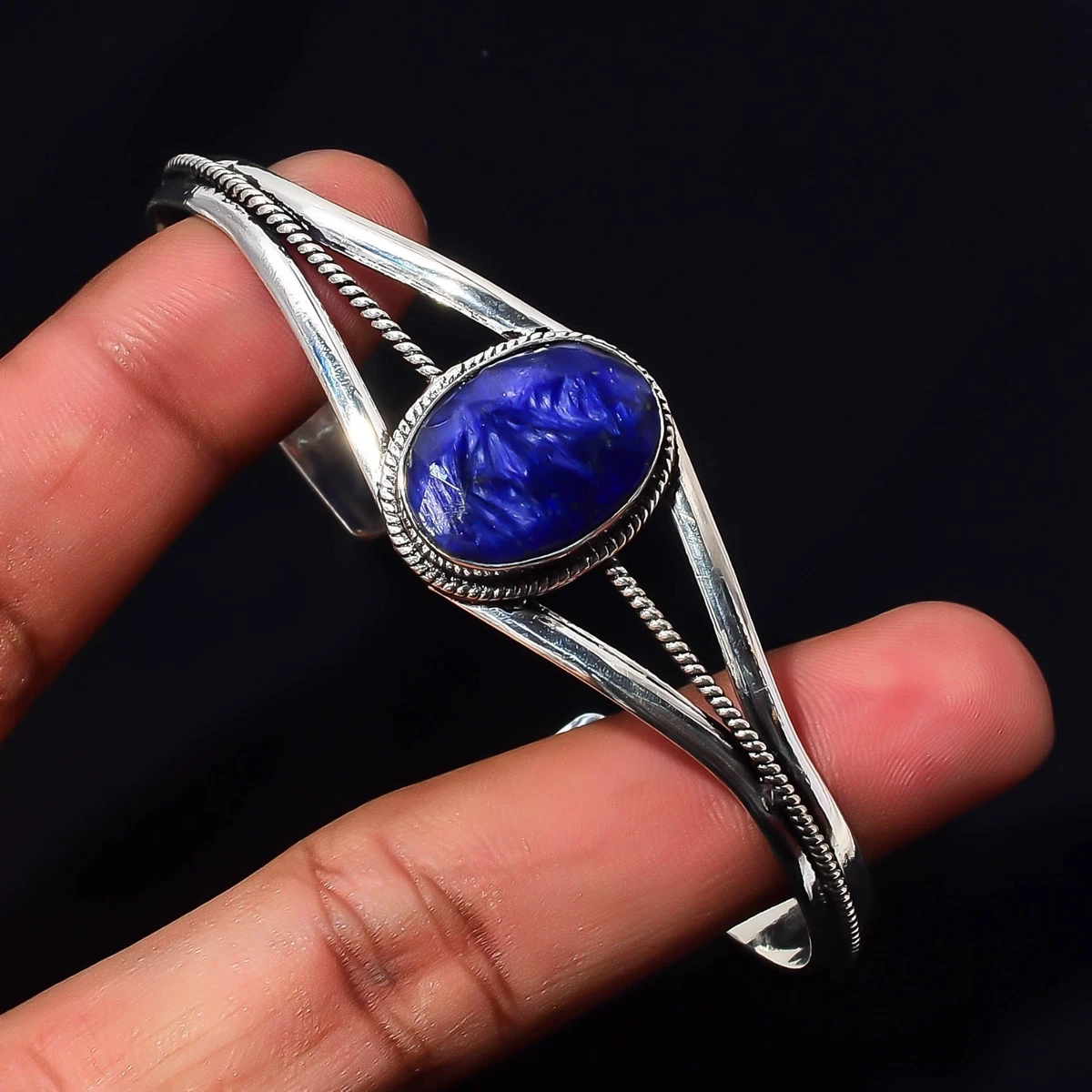 Blue Quartz Gemstone 925 Sterling Silver Handmade Bangle Jewelry Gift For Love