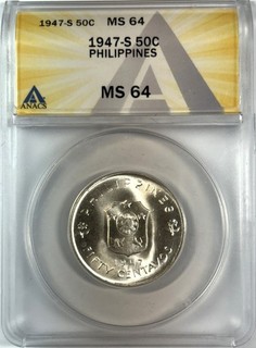 1947 S Philippines 50 Centavos Silver Coin ANACS MS64 MacArthur