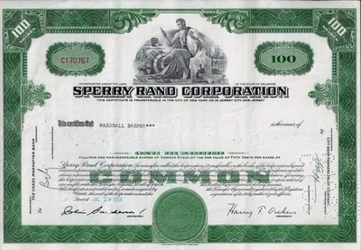 Sperry Rand Corporation, Delaware, 1955 (100 Shares) - Harry F. Vickers - Bild 1 von 2
