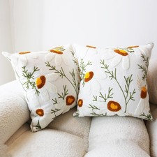 2PCS Embroidered Throw Pillow Cover 18x18 Inch Boho Beige Daisy Floral Pillow...