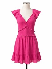 LoveShackFancy Ivella Smocked Flutter Sleeve Mini Dress Cotton Pink Large NEW