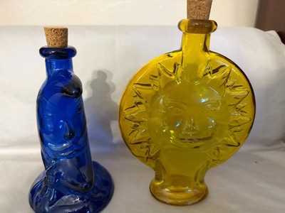 2 -Vintage 1 Yellow Glass Sun Face & 1 Blue moon booth have corks -made in Spain