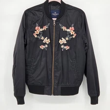 American Eagle Women's Medium Floral Embroidered Bomber Jacket Quilted Insulated