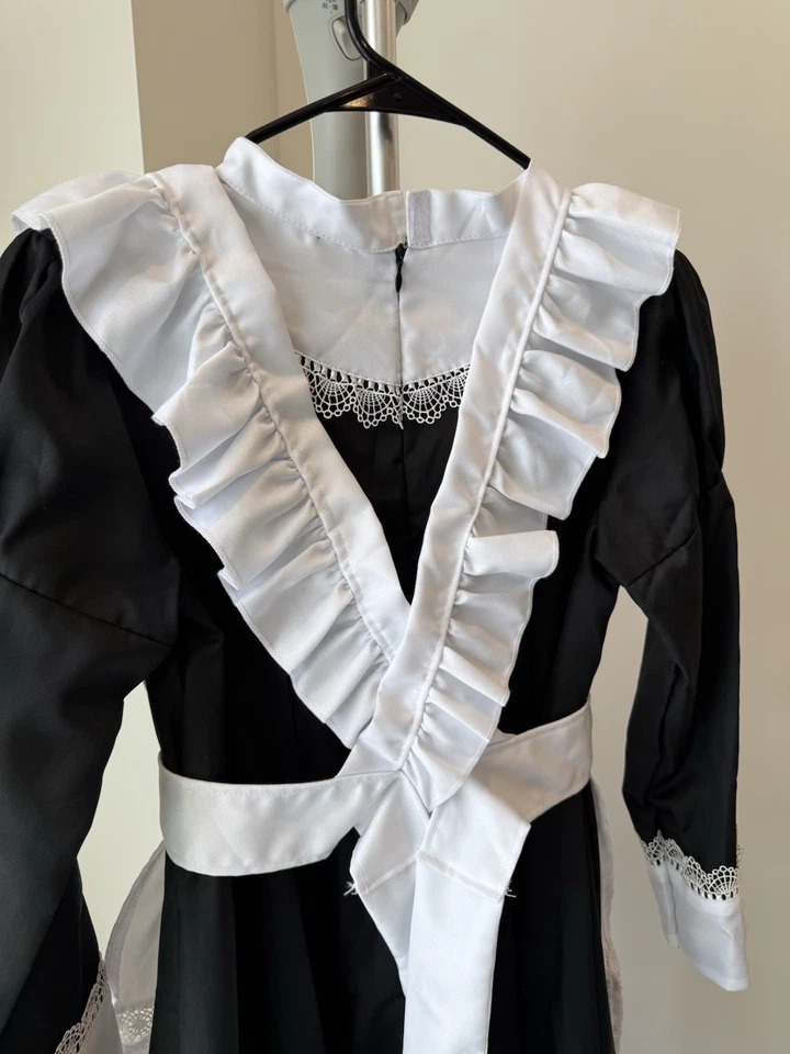 S Vintage Inspired Black & White Maid Dress Costume with Lace Apron Long Sleeve - Image 4 of 4