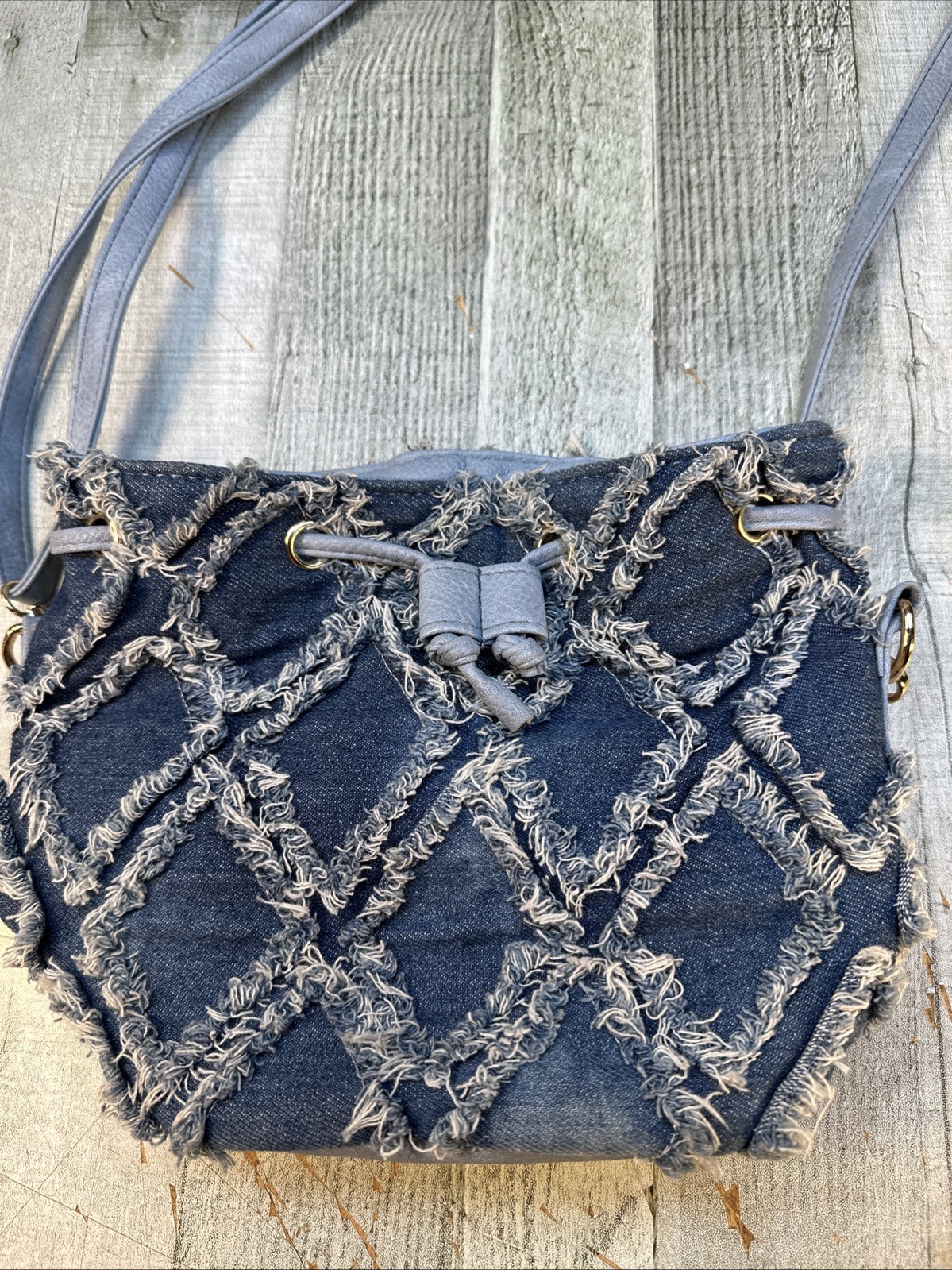 Y2K Denim Patchwork Drawstring Shoulder Bag Distr… - image 3