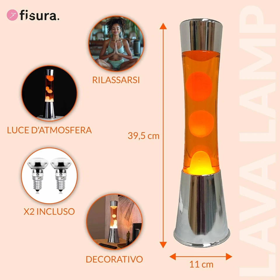 - Lampada Lava Arancione. Base Cromata Argento, Liquido Arancione E Lava Arancio - Immagine 2 di 4