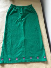 Quacker Factory Kelly Green Knit Maxi Skirt Pink Pineapple Sz S Back Slit