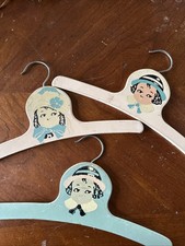 Set Of 3 Vintage Children  s Pink  Blue Painted W/ Face  Hats Wood Hangers