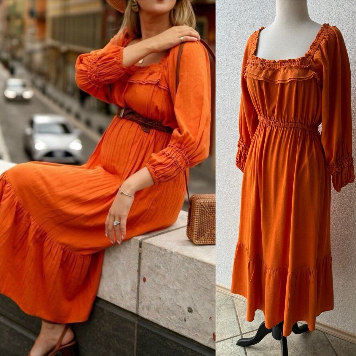 NICHOLAS Prairie Peasant Dress Orange Boho Linen Blend Long Sleeve Size 4
