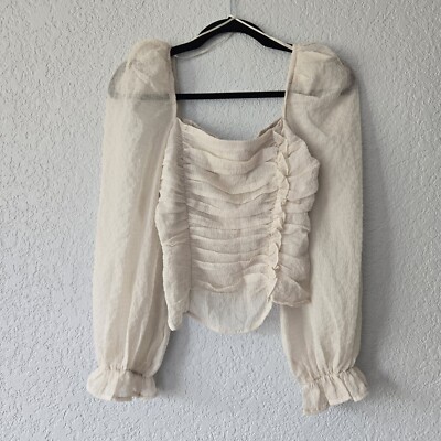 ASTR The Label Tonina Puff Sleeve Top Ecru Square Neck Ruched Smocked XS