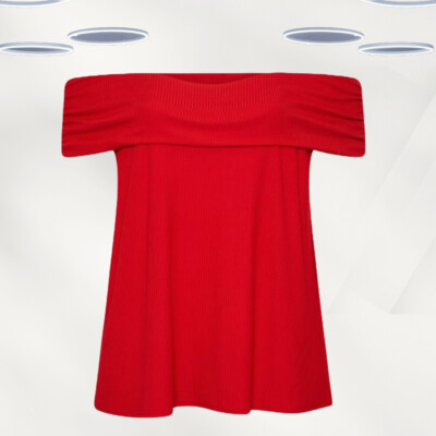 Ex Women's Short Sleeve Curve Bardot Neck Top in Red