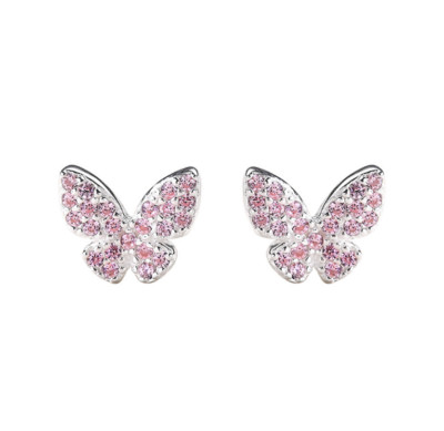 925 Sterling Silver Butterfly With Pink Cubic Zircon Stud Earrings Gift Box K18