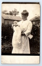 Mother and Newborn Baby Child White Gown Outside Snapshot RPPC Postcard c.1910