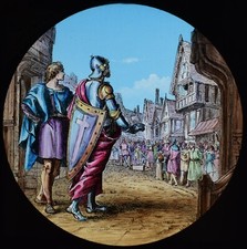 ANTIKES magisches Laternendia PILGERFORTSCHRITT NR61 UM 1890 RITTER IN DER STADTSTRASSE