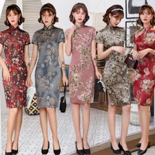 Chinese Traditional Silk Qipao Dress Women Summer Short Cheongsam Lady Prom Gown