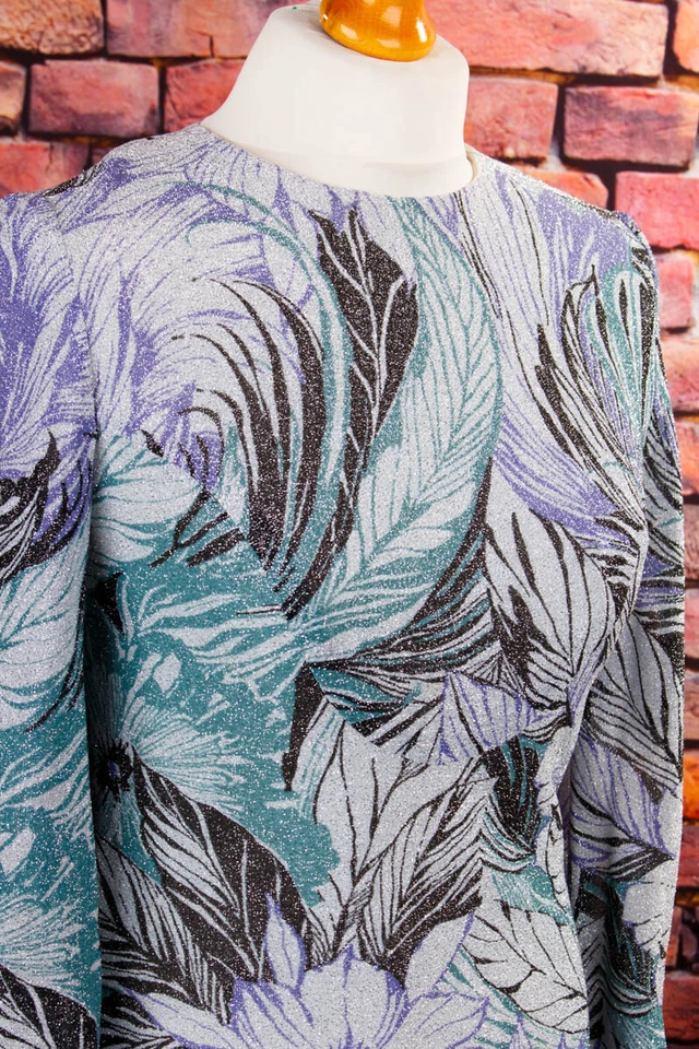 Abito Vintage Originale Anni 70 Argento Glitter Fiori Disco Moda Da Sera 40 - Immagine 2 di 4