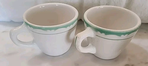 2 Vintage Syracuse China Cups Restaurant Ware Green Scallop Stripe White Coffee