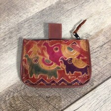 Vintage Genuine Leather Lined Zipper Coin Pouch Elephant Pattern MTC 1992
