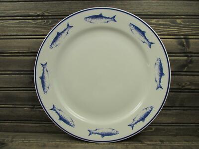 TSS9 by Ten Strawberry Street Dinner Plate Navy Bands on White Navy Fish  Smooth