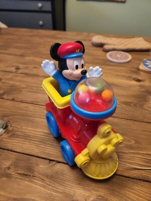 VTG Disney Mickey Mouse Train Pull Toy Blue Yellow Red Dome Popper Original Cord