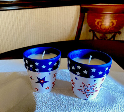 Pottery Red & Blue Proudly American Candle Votive Holders Stars Olympic, Fourth