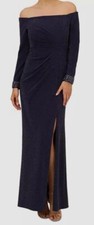 Adrianna Papell Women's Blue Metallic Beaded-Cuff Off-Shoulder Dress Size 10