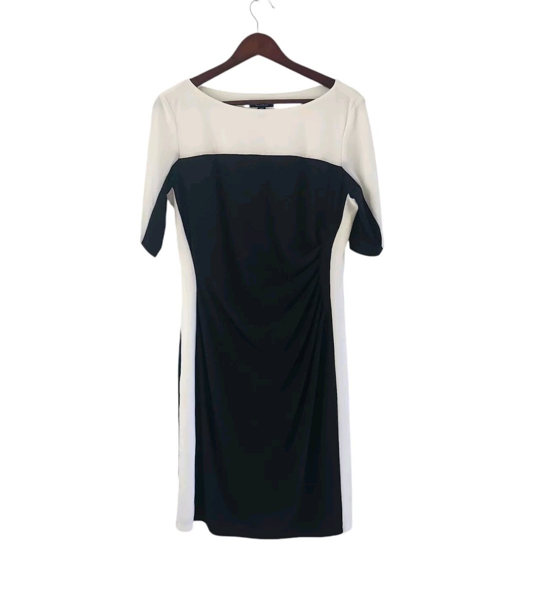 CHAPS Colorblock Sheath Dress Black & White Cream Ruched Side Womens Size L  NEW
