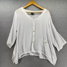 Iguana Womens Medium White Button-Front V-Neck Shirt Blouse Pocket Rayon Relaxed