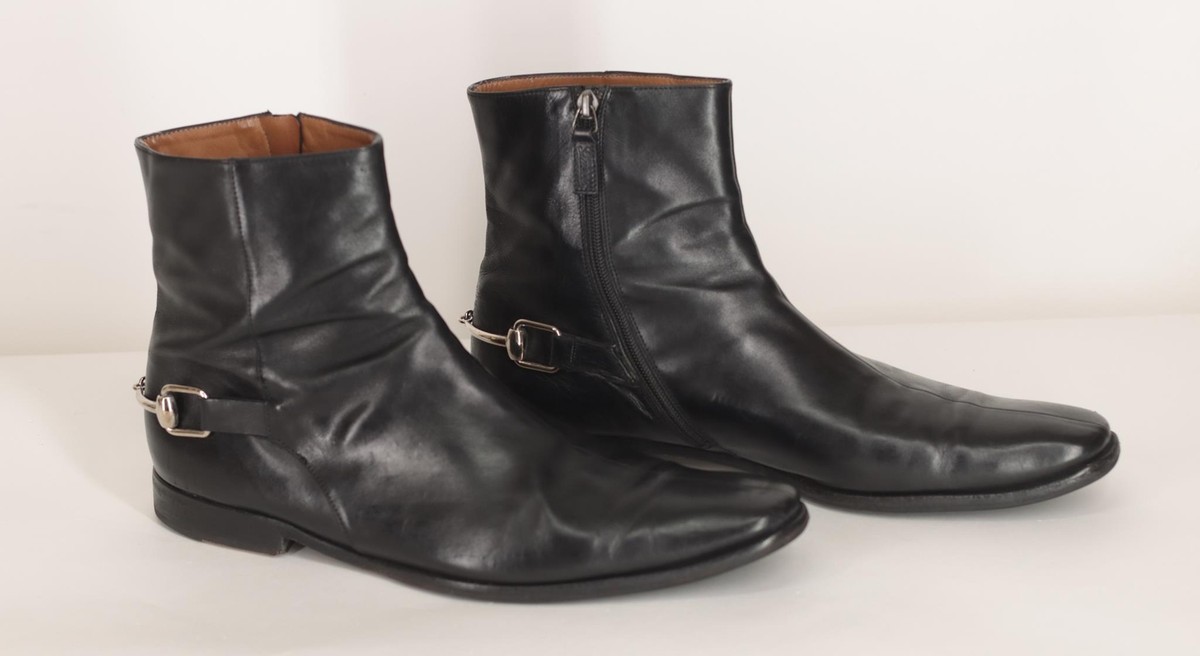 GUCCI Tom Ford Black Leather Zip Up Horse bit Chelsea Ankle