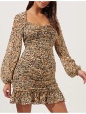 ASTR THE LABEL Beige Floral Ruched Long Sleeve Marcella Mini Dress Size M