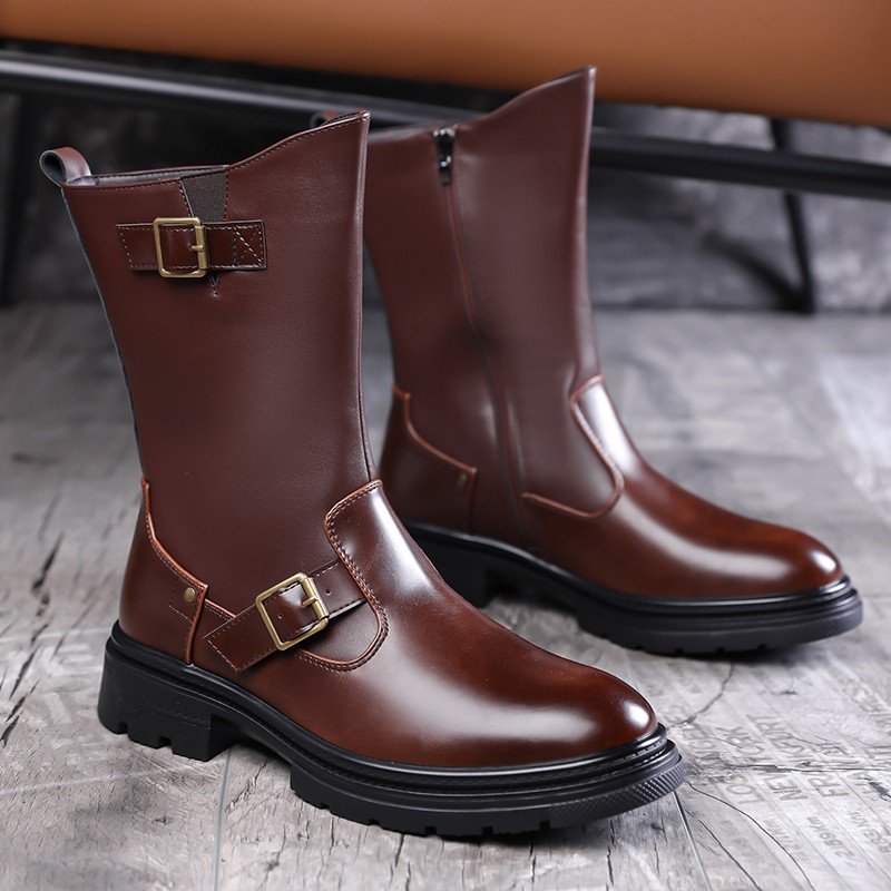 Hombres Retro Cuero Medio Pantorrilla Botines Hebilla Negocios Formales Zapatos Calles Hombre