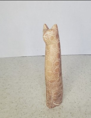 Handmade Folk Art Carved Clay Cat Figurine 5''   Brown Polka Dot Pattern  ...