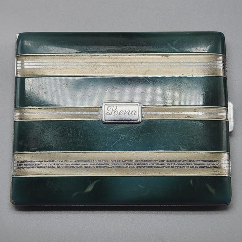 Vtg Art Deco Cigarette Case Lena Green Enamel 30s Evans Silver Tone Striped Read