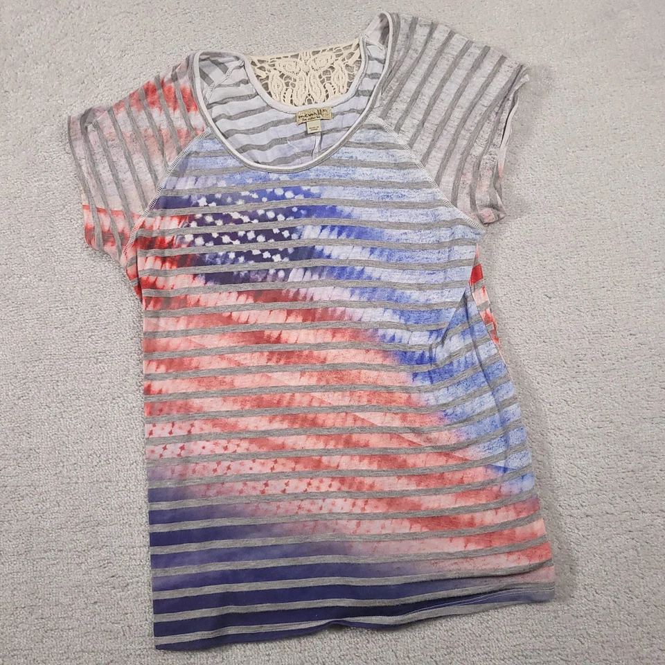 One World Shirt Womens XL Gray Red Blue Striped Lace Back Boho Patriotic Top - Image 2 of 4