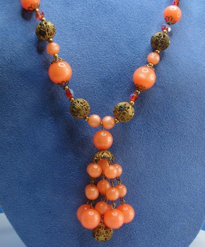 Vintage Orange Moon Glow Beads Open Work Filigree Ball CHA CHA Dangle Necklace