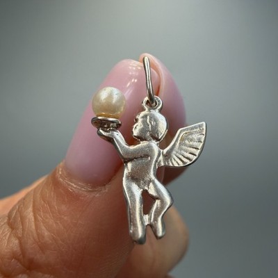 Vintage 925 Sterling Silber Cherub Engel Perle Anhänger Charm 0,82g